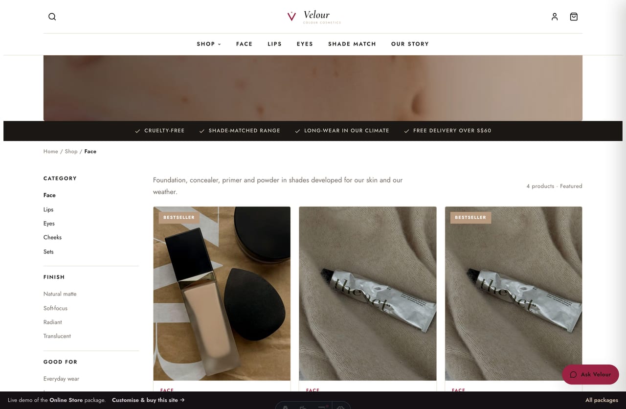 Makeup shop page with filter sidebar, swatch rows, quick-add and SGD pricing