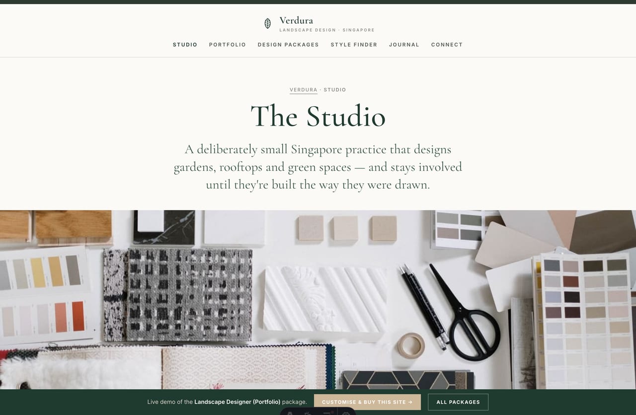 Studio / about page on a landscape designer portfolio website