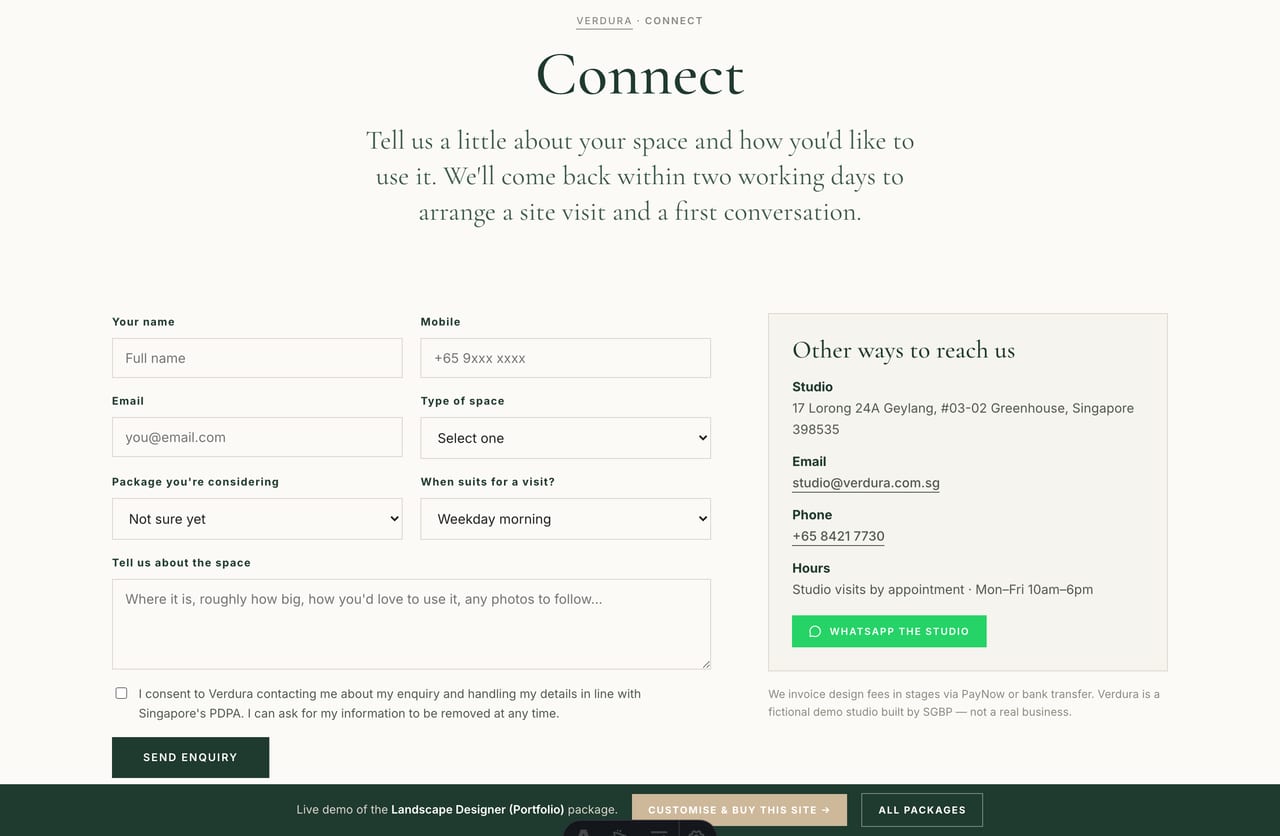 Enquiry and consultation booking form on a landscape designer website (Singapore)