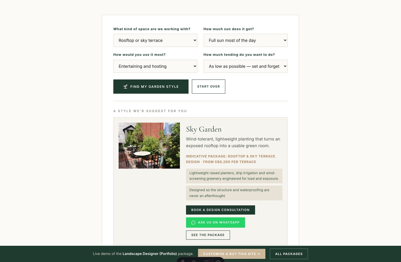 Garden Style Finder result showing a matched landscape style and indicative package