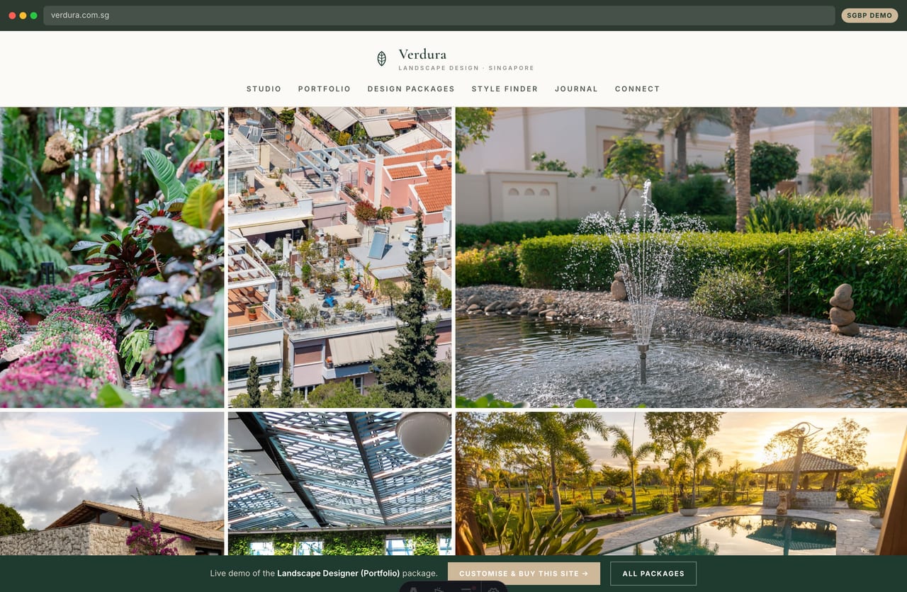 Landscape designer portfolio website homepage demo — full-bleed project photo grid (Singapore)
