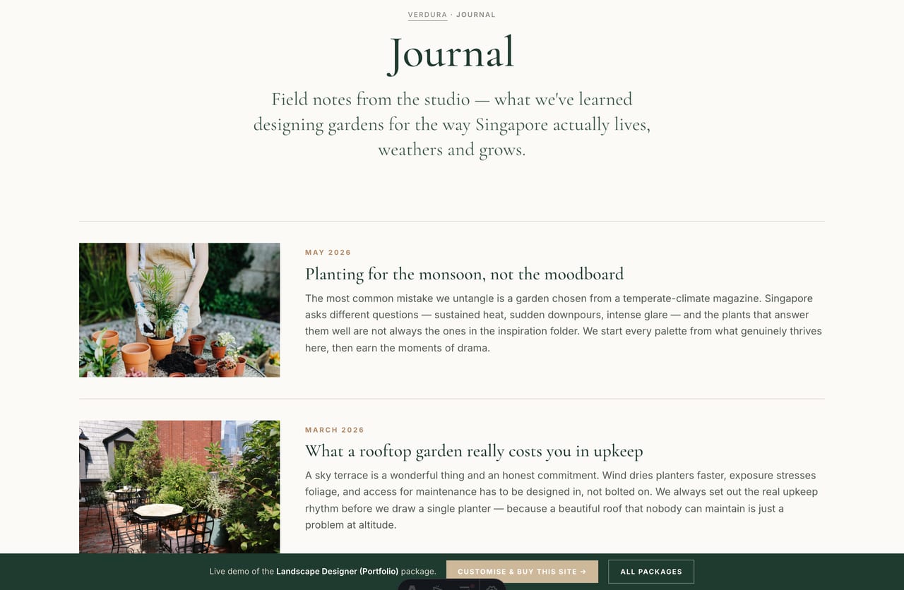 Journal / field notes editorial page on a landscape designer website