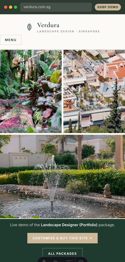 Mobile view of the landscape designer portfolio with full-bleed project imagery