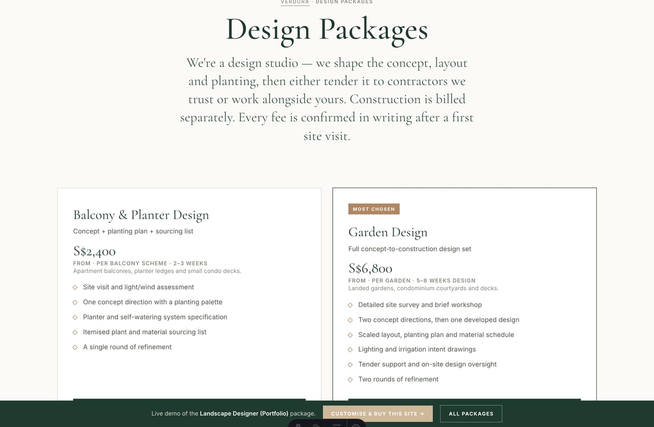 Design packages and fees page on a Singapore landscape design studio website