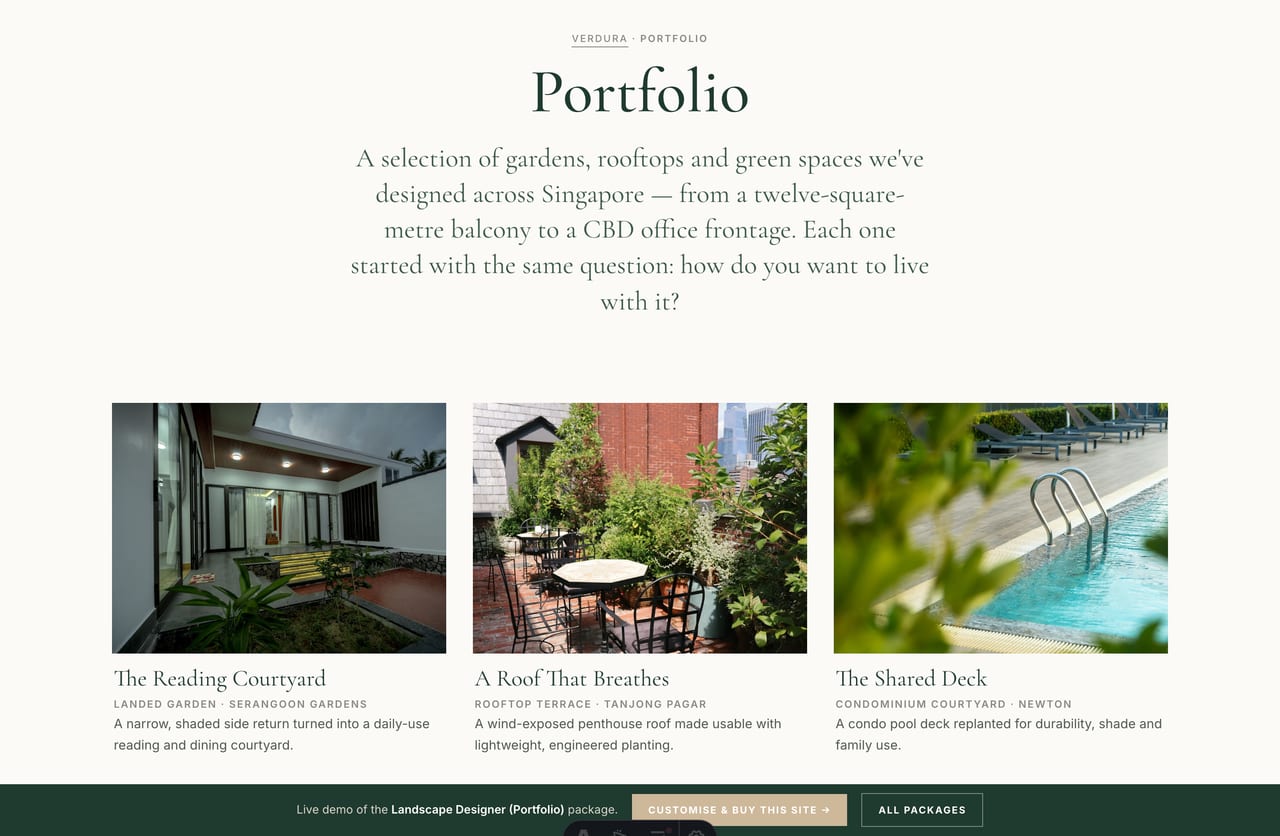 Project portfolio grid on a Singapore landscape designer website