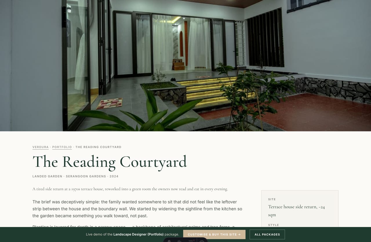 Single landscape project case-study page with image sequence and facts panel
