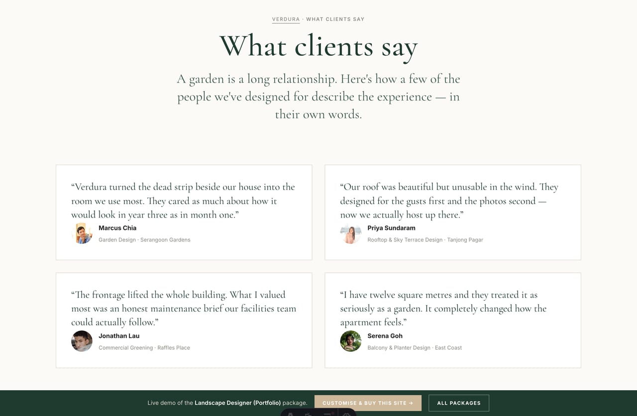 Client testimonials wall on a Singapore landscape design portfolio website