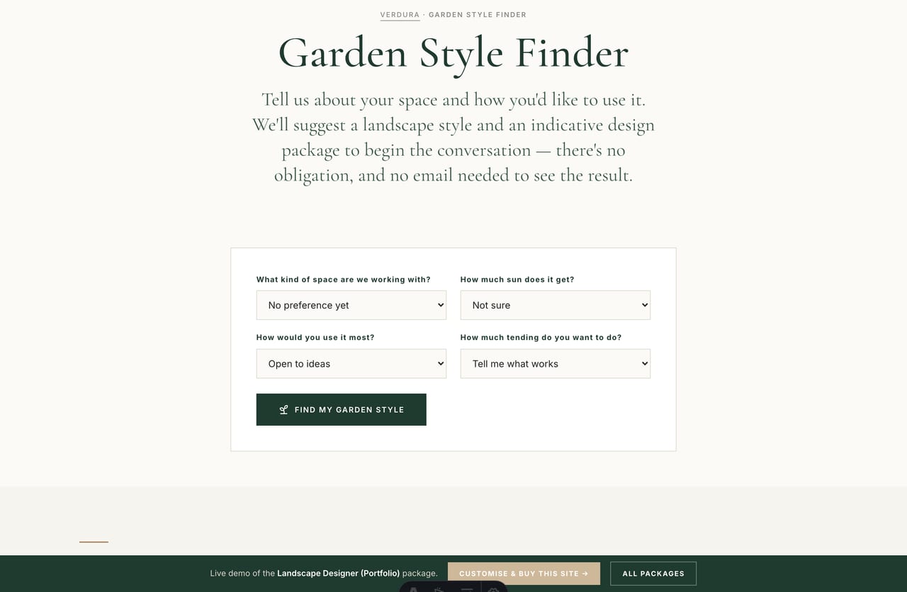 Interactive Garden Style Finder tool on a landscape designer website in Singapore