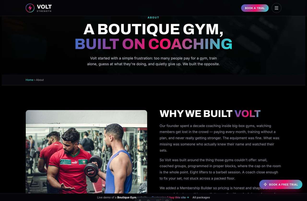 The About page for a Singapore boutique gym — founder story, a neon stats band and two studio locations