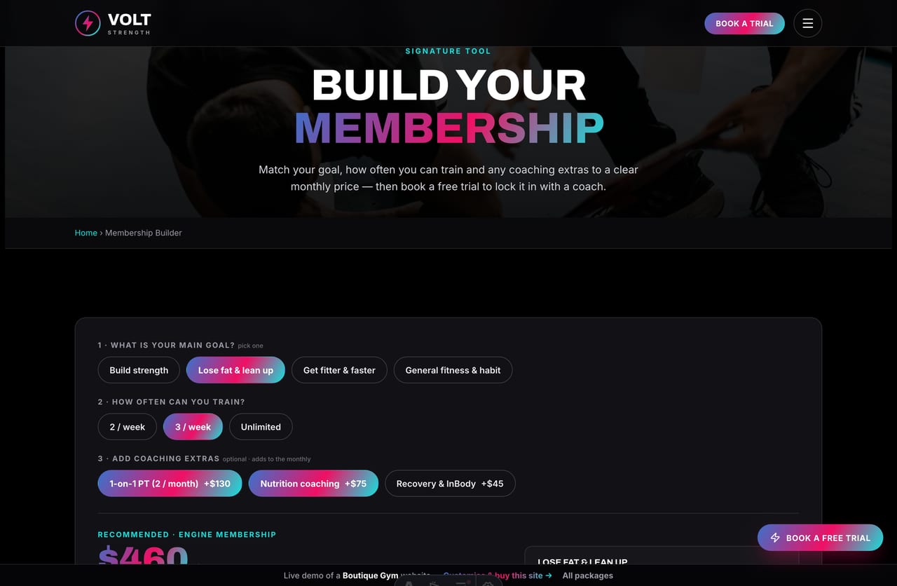 Membership Builder result on a Singapore gym site — a recommended membership tier with a live monthly price summing sessions and add-ons, with a trial CTA