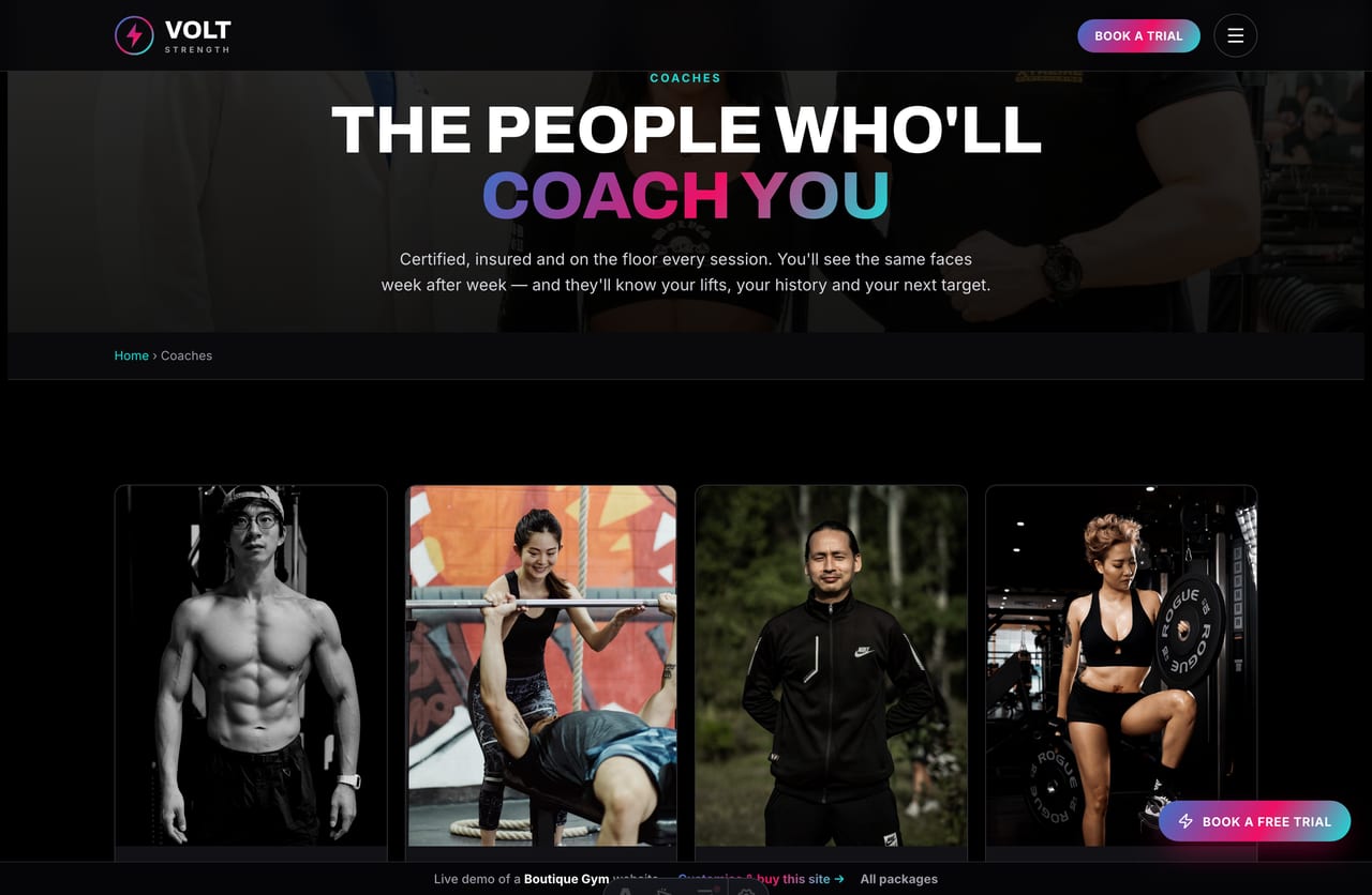 The coaches page on the Volt Strength demo — coach profiles with photos, roles and bios