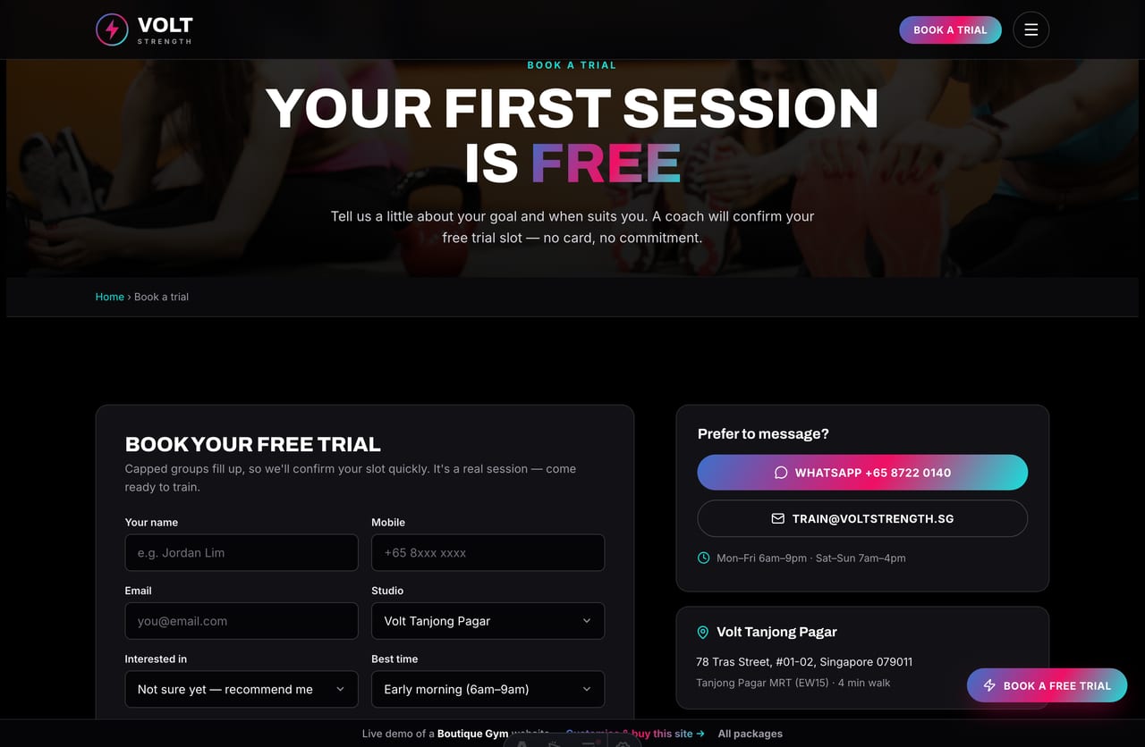 Book-a-trial page on the Volt Strength demo — a PDPA-aware free-trial booking form with studio, programme and time