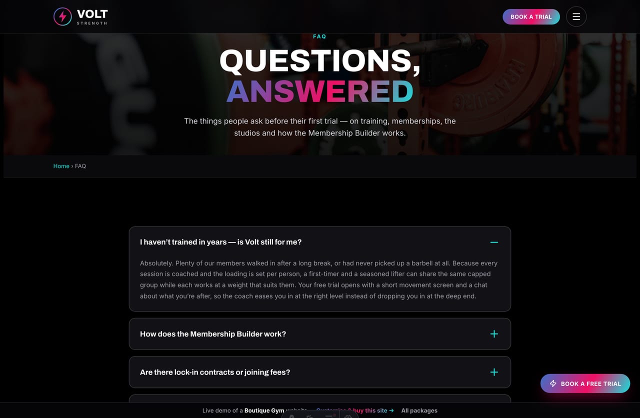 FAQ page on the Volt Strength demo — a hairline-bordered question-pill accordion on a dark theme