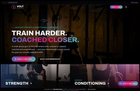 Volt Strength boutique gym Singapore website homepage demo — a dark, neon site with a split-duo hero, full-bleed programme bands and a membership builder