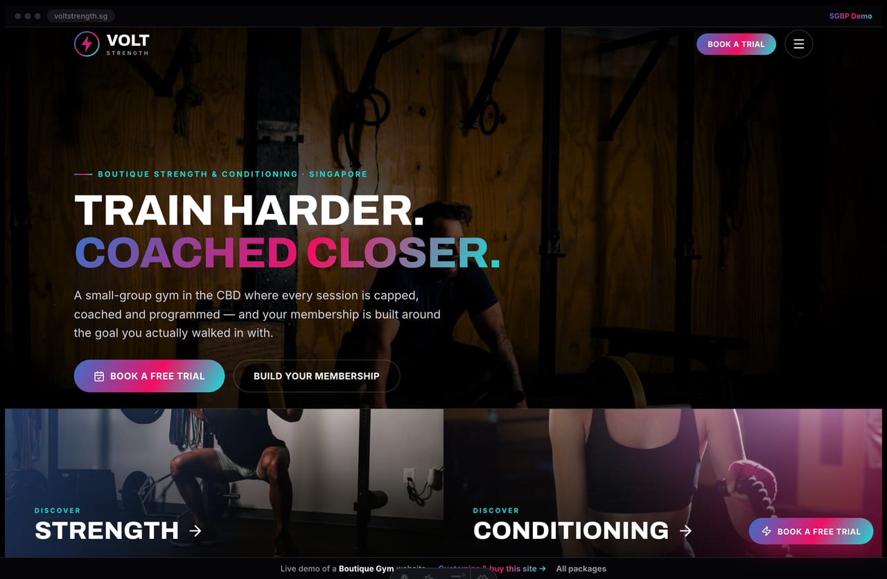 Volt Strength boutique gym Singapore website homepage demo — a dark, neon site with a split-duo hero, full-bleed programme bands and a membership builder