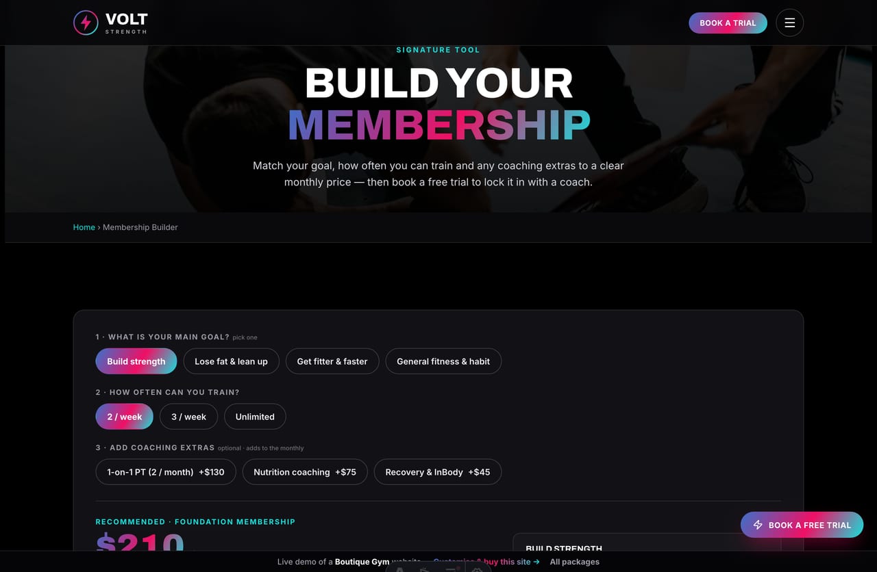 The interactive Membership Builder on the Volt Strength demo — pick a goal, sessions per week and add-ons to see a recommended tier and monthly price