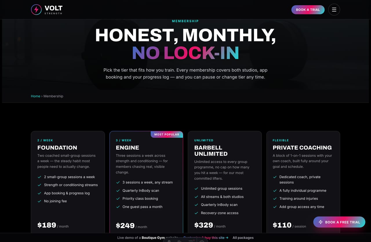 Membership page on the Volt Strength demo — monthly membership tiers with a feature comparison and coaching add-ons