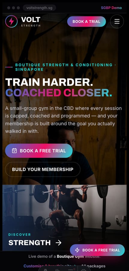 The Volt Strength gym website on mobile — the dark split hero and book-a-trial CTA at 430px