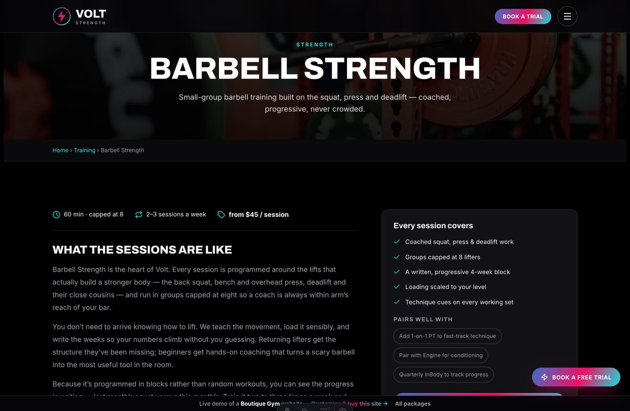 A programme detail page on the Volt Strength demo — a dark photo banner and a sidebar article with what-the-sessions-are-like and what each covers
