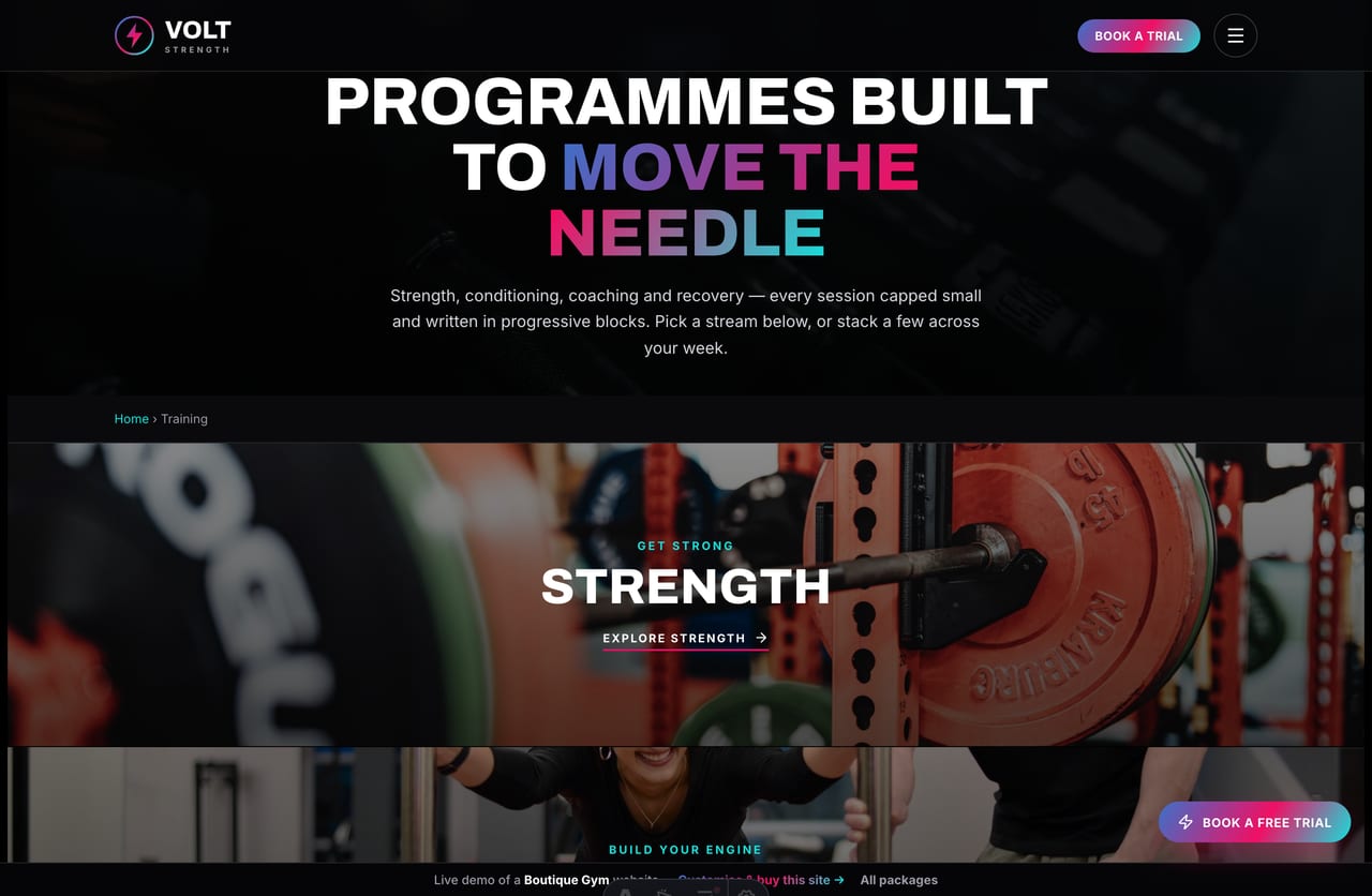 Training page on the Volt Strength demo — full-bleed photo category bands and programme cards for strength, conditioning, coaching and recovery