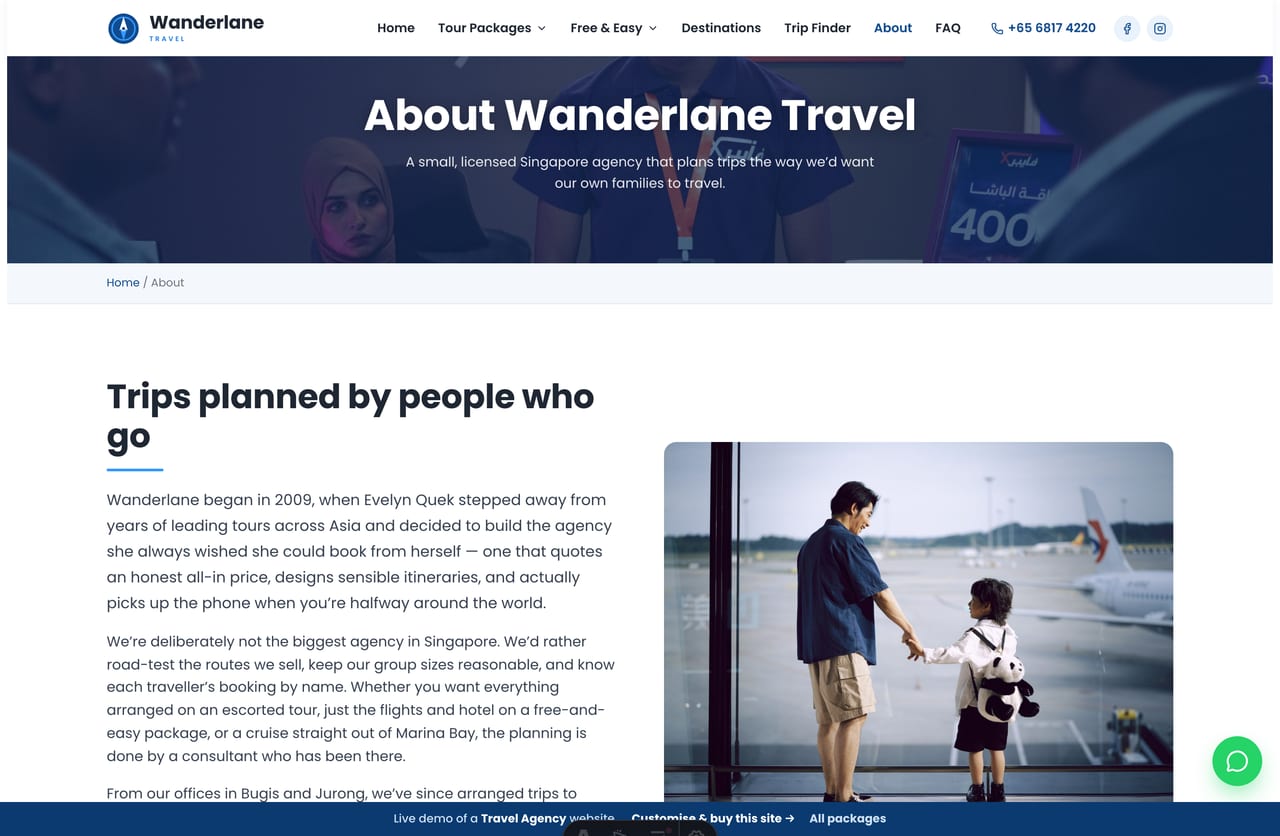The About page for a Singapore travel agency — founder story, a stats band and the travel consultants section