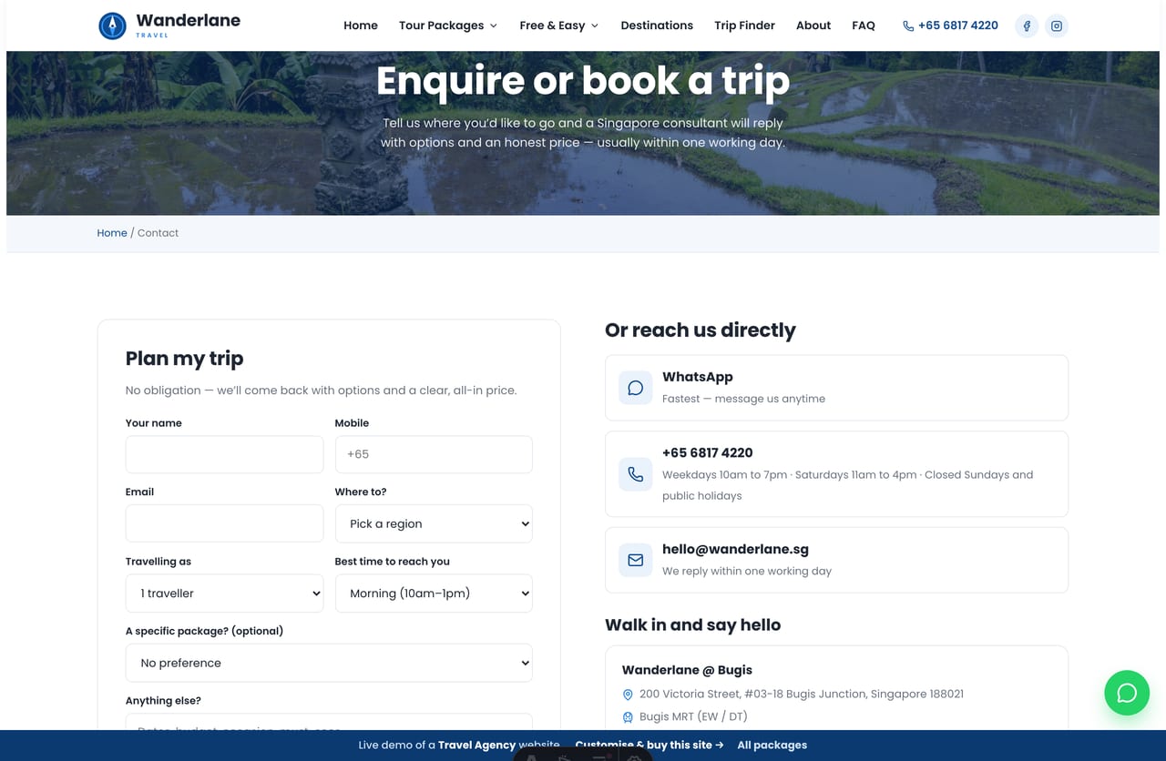 Enquire / book page on the Wanderlane demo — a PDPA-aware enquiry form with destination, party size and offices