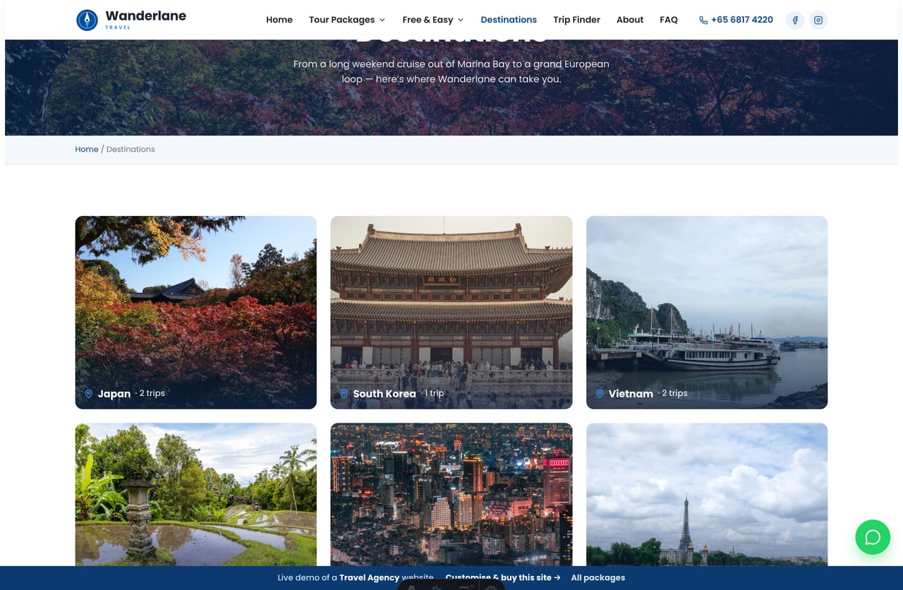 Destinations page on the Wanderlane demo — a grid of destination tiles with country-label overlays and trip counts
