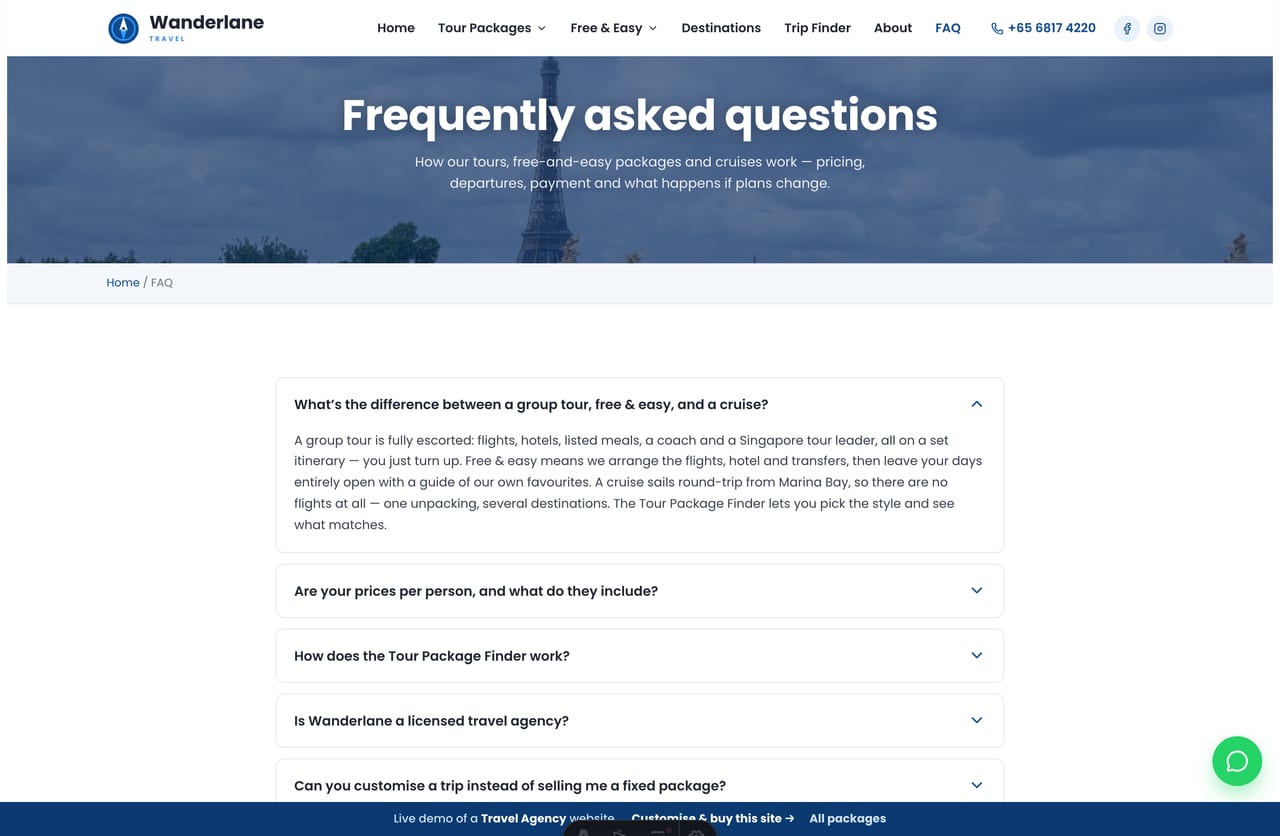 FAQ page on the Wanderlane demo — a question accordion covering pricing, departures and payment