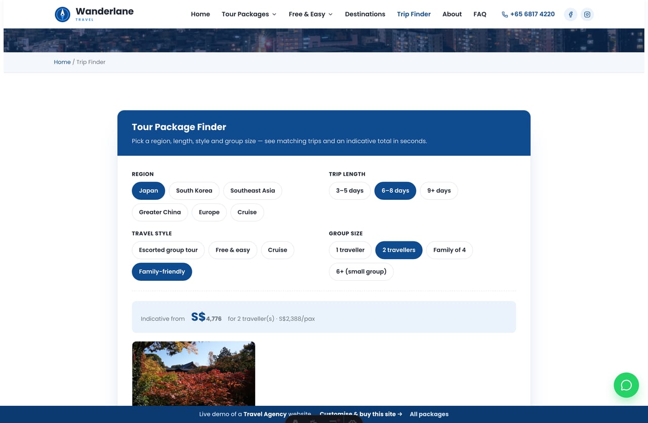 Tour Package Finder result on a Singapore travel site — matched packages with an indicative per-pax × group total and a WhatsApp enquire CTA