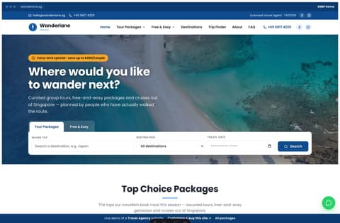 Wanderlane travel agency Singapore website homepage demo — a bright blue search-led promo hero, package cards and a destinations grid