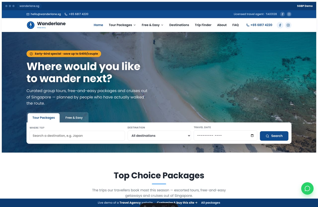 Wanderlane travel agency Singapore website homepage demo — a bright blue search-led promo hero, package cards and a destinations grid