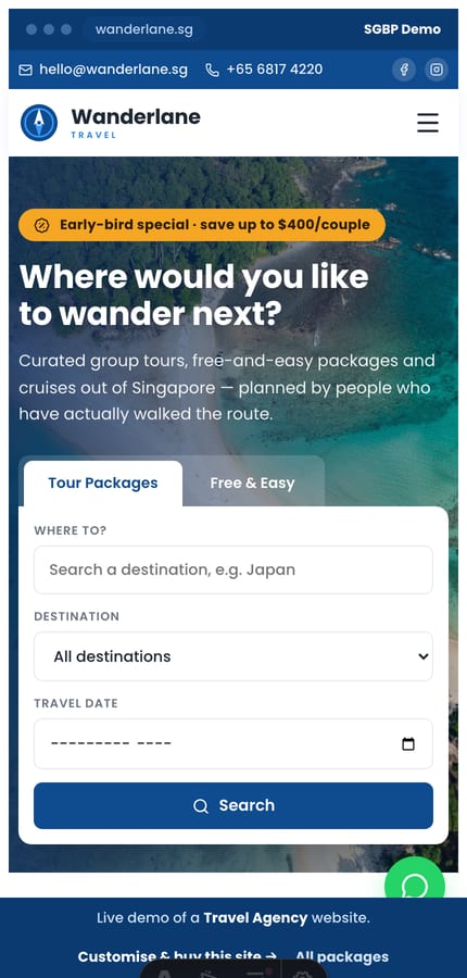 The Wanderlane travel website on mobile — the search-led promo hero and package cards at 430px
