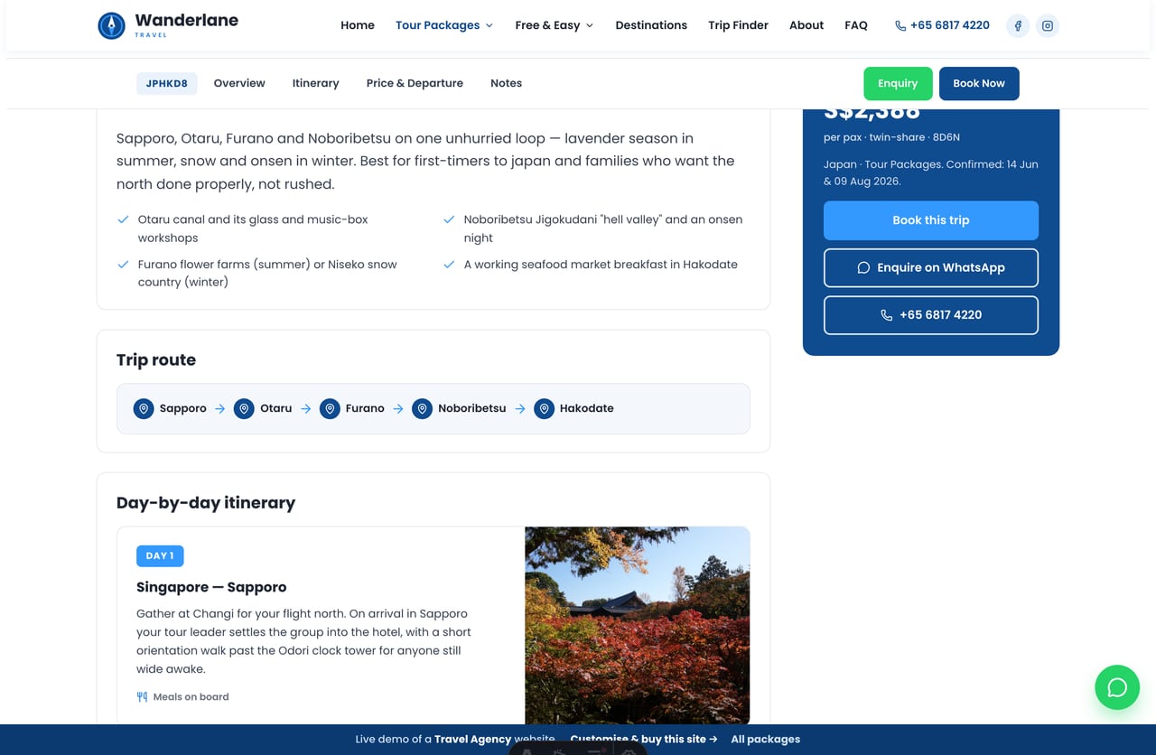 A tour package detail page on the Wanderlane demo — sticky sub-nav, Overview, a Trip-Route strip and a day-by-day itinerary