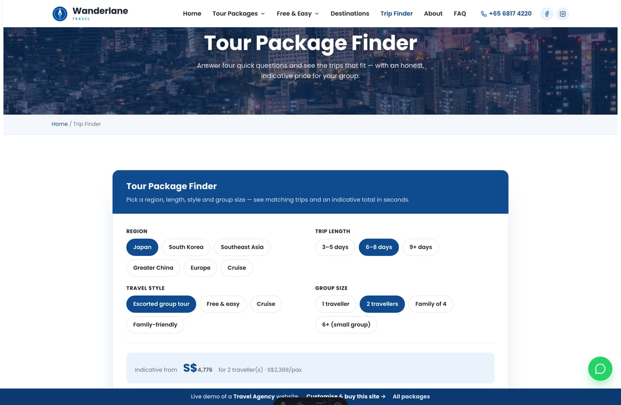The interactive Tour Package Finder on the Wanderlane demo — pick a region, length, style and group size to see matching trips and an indicative price