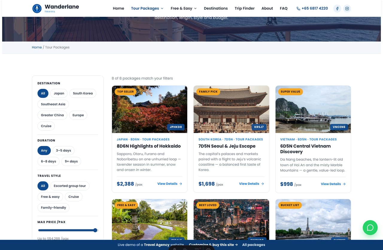 Tour packages listing page on the Wanderlane demo — a left filter sidebar (destination, duration, price, style) and a 3-column package-card grid