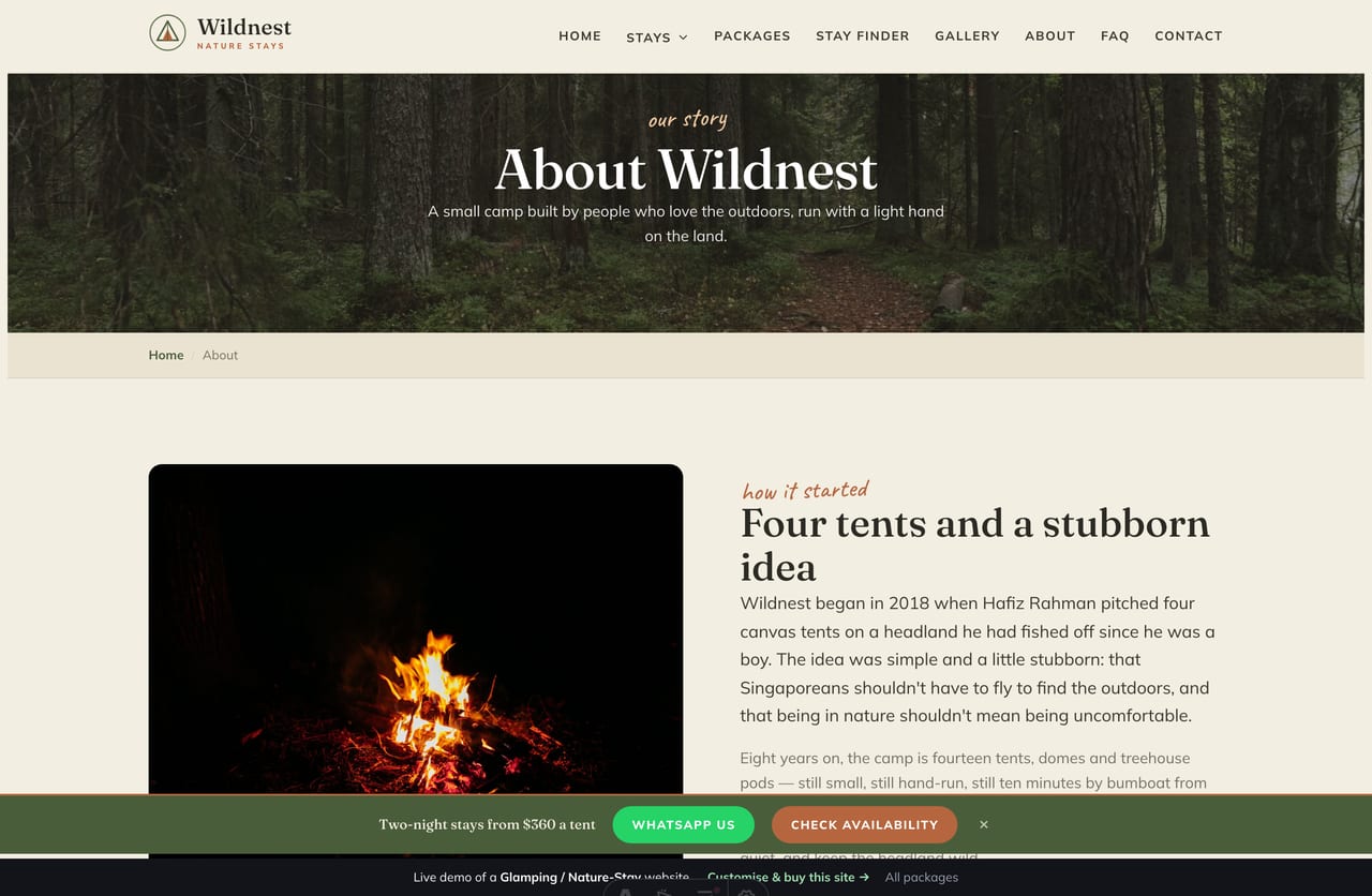 The About page for a Singapore glamping operator — founder story, a stats band and the camp team
