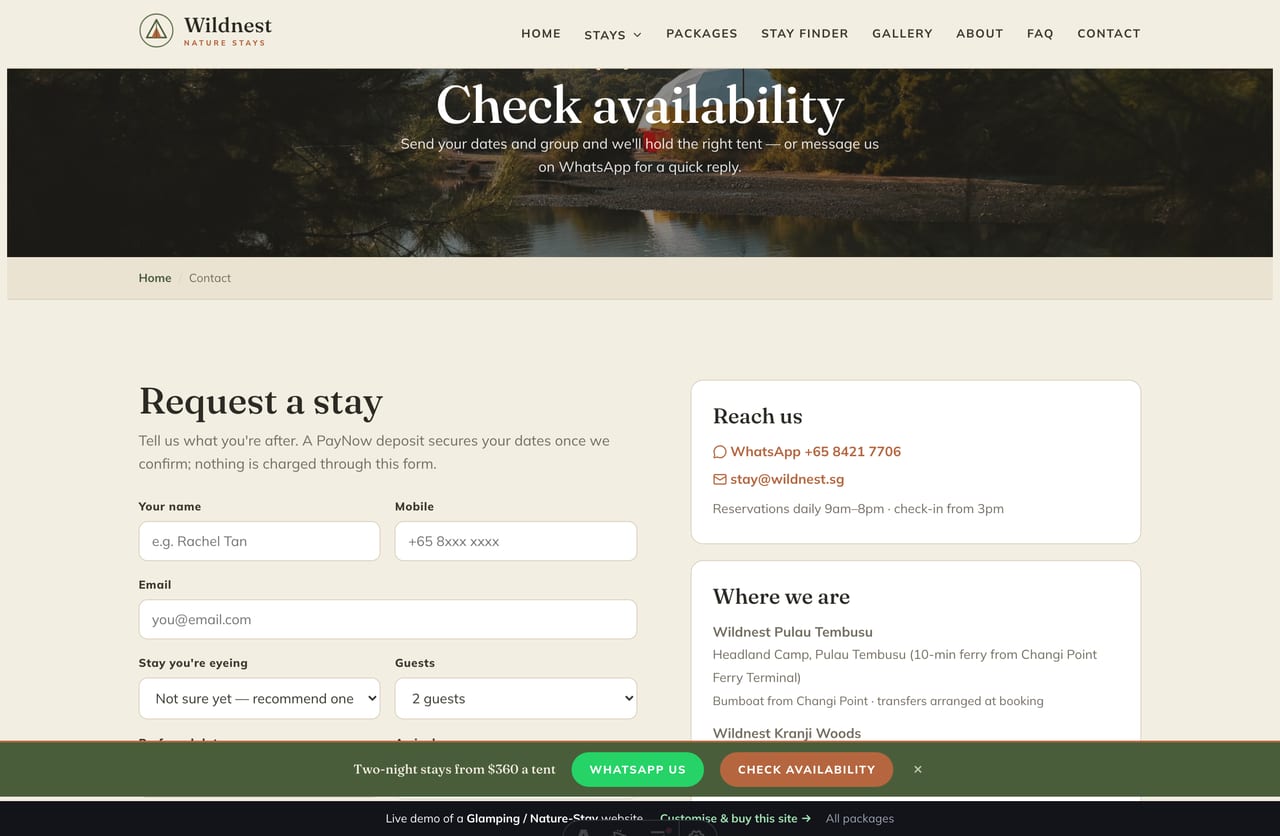 Check-availability page on the Wildnest demo — a PDPA-aware request form with stay, dates and arrival time