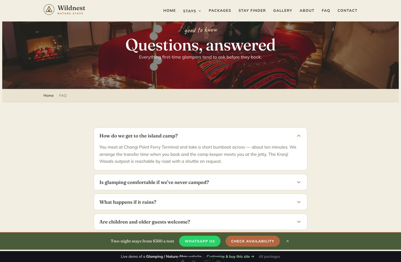 FAQ page on the Wildnest demo — a clean serif question accordion for first-time glampers