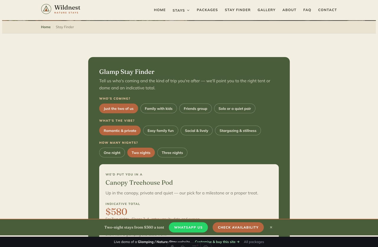 Glamp Stay Finder result on a Singapore glamping site — a recommended tent type with an indicative total and a check-availability CTA