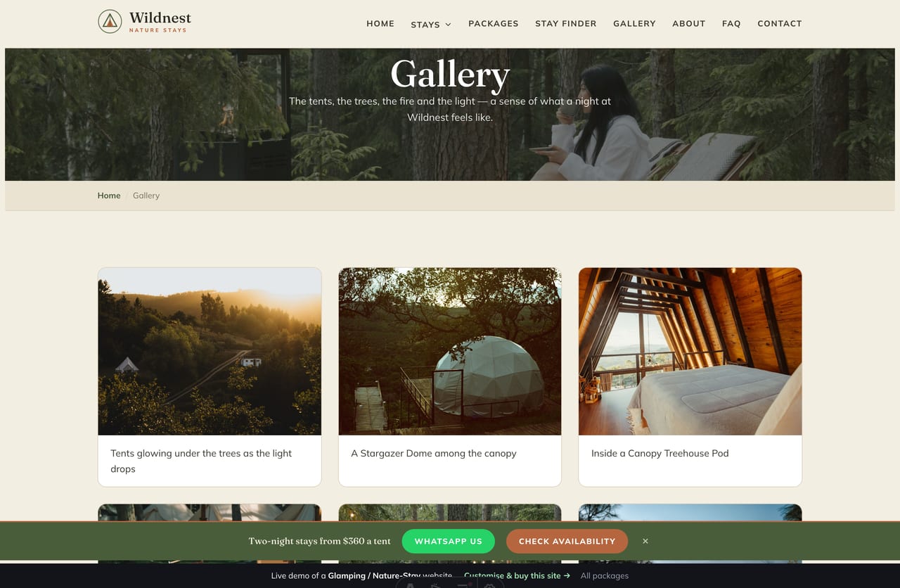 Gallery page on the Wildnest demo — a grid of tents, domes, the firepit and the night sky with captions