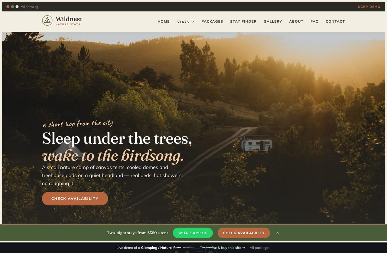 Wildnest glamping website homepage demo — an olive, clay and canvas-cream site with a full-bleed tents-at-dusk hero and accommodation-type cards