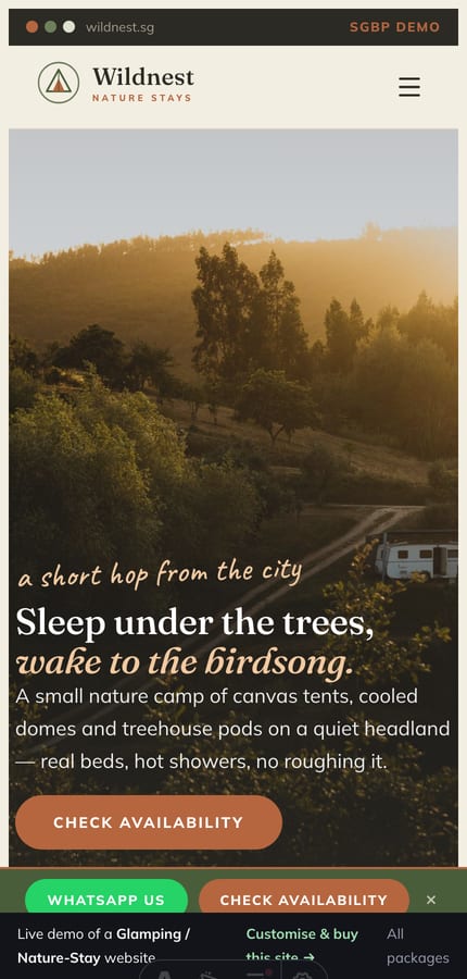 The Wildnest glamping website on mobile — the full-bleed hero and check-availability CTA at 430px