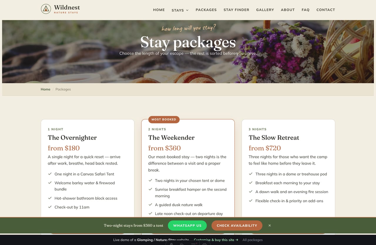 Packages page on the Wildnest demo — one, two and three-night stay packages as reservation cards with what is-included