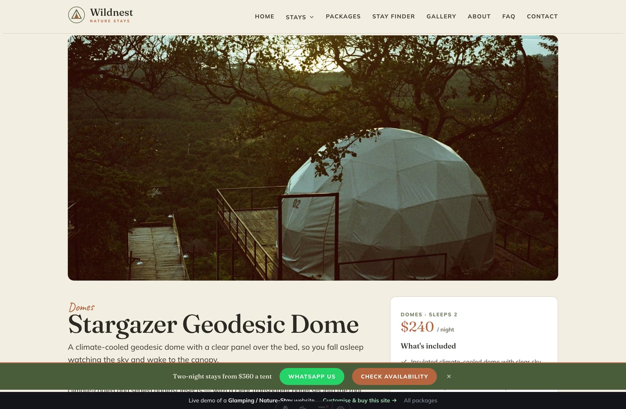 A stay detail page on the Wildnest demo — a wide photo, an operator-voice article and a sticky what is-included booking aside