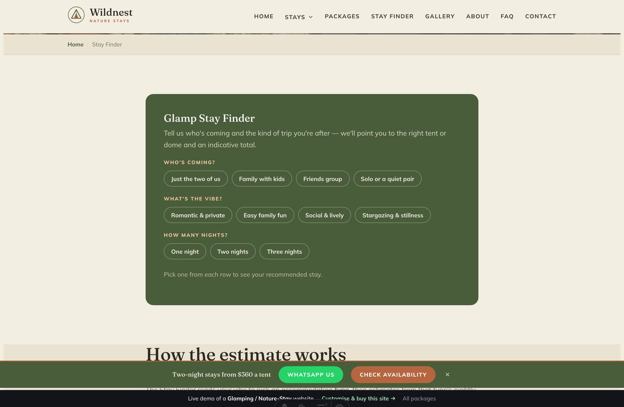 The interactive Glamp Stay Finder on the Wildnest demo — pick who is coming, the vibe and the nights to get a recommended tent type