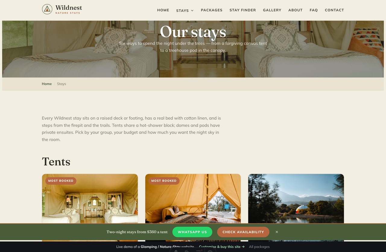 Stays page on the Wildnest demo — safari tents, geodesic domes and treehouse pods grouped as image cards with nightly rates