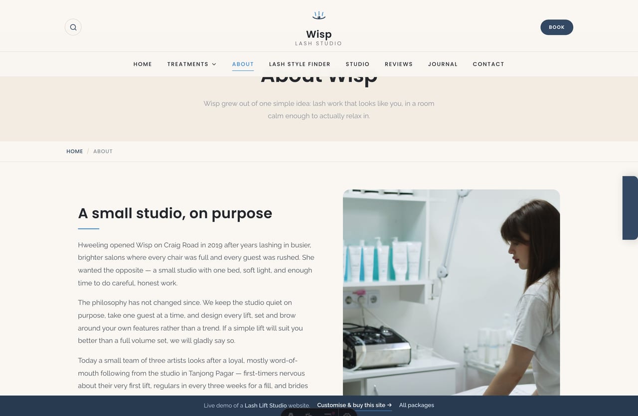 The About page for a Singapore lash & brow studio — the founder story, the count-up stats band and the values they stand by