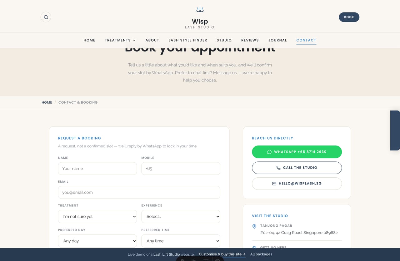Booking & contact page on the Wisp demo — a PDPA-aware appointment-request form with treatment and time selection, no cart