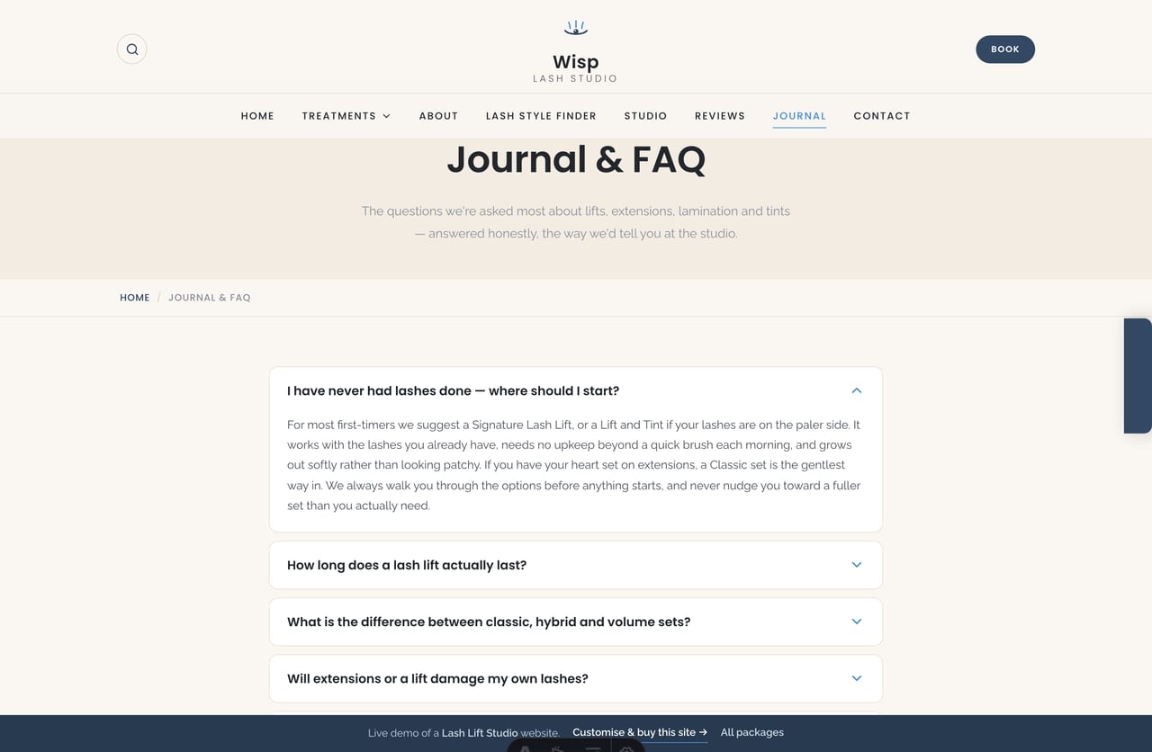 Journal & FAQ page on the Wisp demo — an accordion of common questions about lifts, extensions, fills, patch tests and aftercare