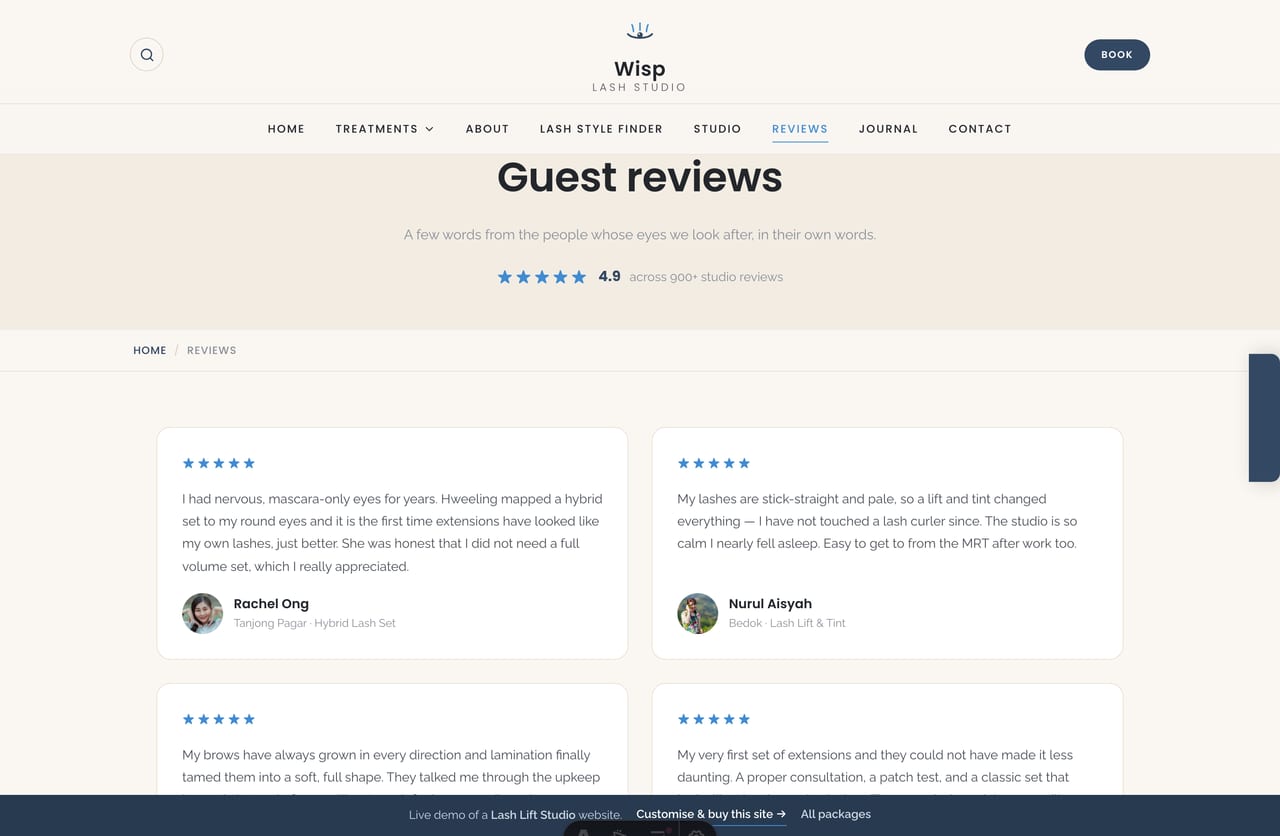 The reviews page on the Wisp demo — guest reviews with the headline studio rating, in a calm slate-and-cream layout
